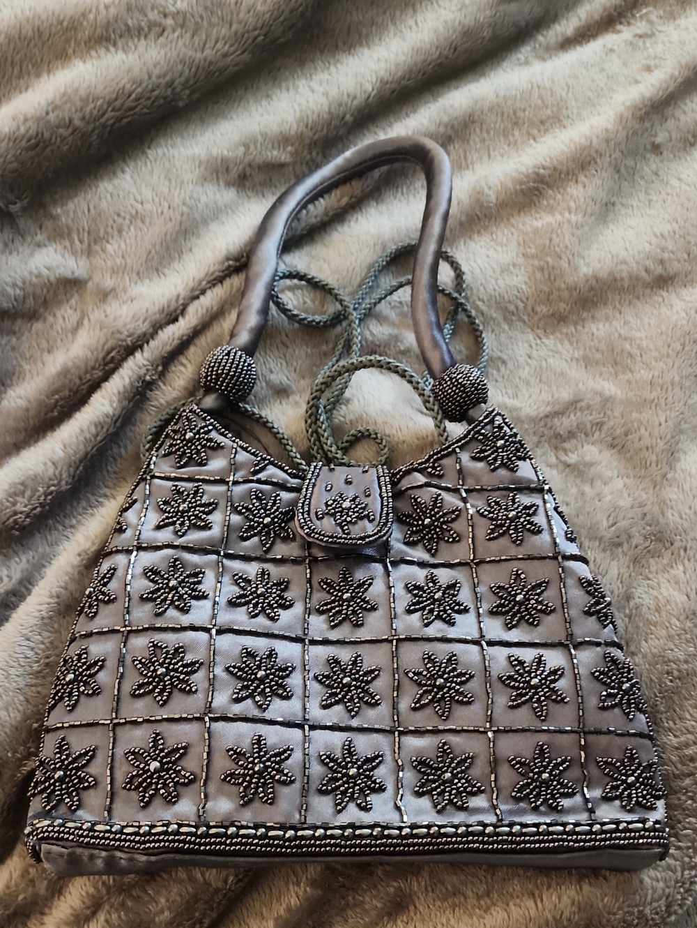 Beaded Floral Mini Beaded Bag in Gray Blue